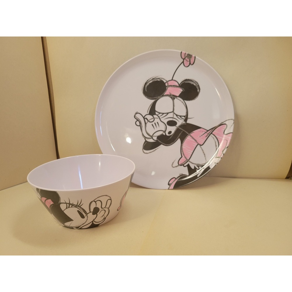 Zak Designs Disney Minnie‎ Mouse Melamine Plate and Bowl Set Pink White Sketch